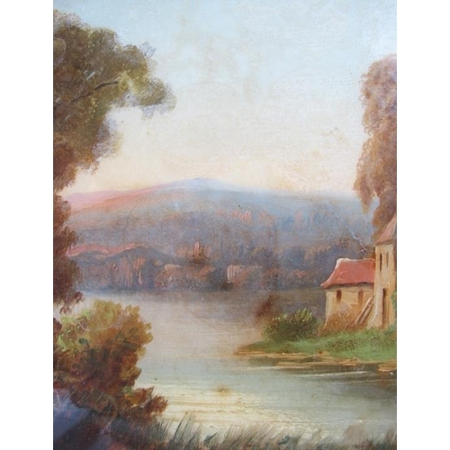 568 - Continental School (19th Century) - a pair of reverse glass paintings depicting a river landscape an... 