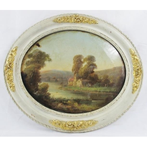 568 - Continental School (19th Century) - a pair of reverse glass paintings depicting a river landscape an... 