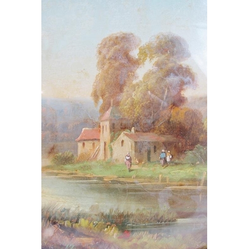 568 - Continental School (19th Century) - a pair of reverse glass paintings depicting a river landscape an... 