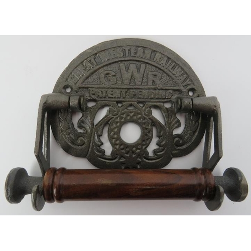 57 - A Great Western Railway reproduction cast iron and turned wood toilet roll holder, late 20th/early 2... 