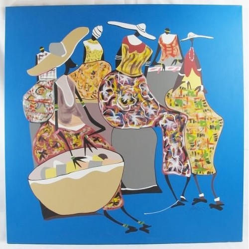 578 - Kofi Agorsor (Ghana, b. 1970) - 'Market Women', acrylic on canvas, signed, 2001, inscribed verso, 10... 