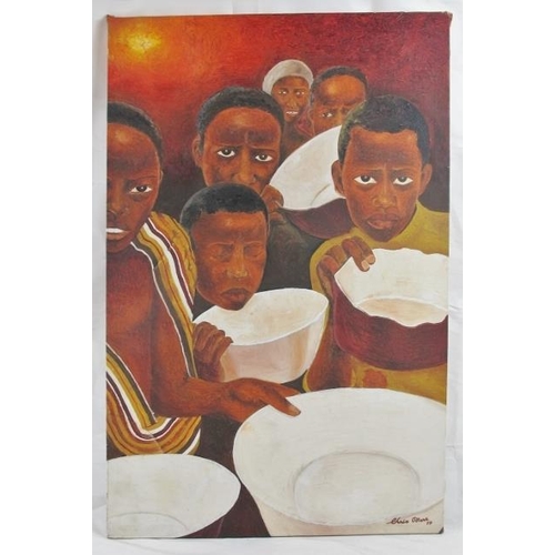 582 - Christopher Odunkwe (Lagos, b. 1974) - 'Feeding the Hungry', oil on canvas, signed, dated 1999, 87cm... 