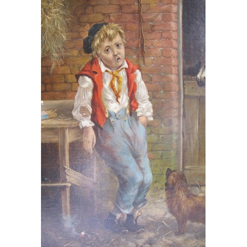 593 - British School (19th Century) - 'Farmyard scene with a boy, dog, donkey and a chicken', oil on canva... 