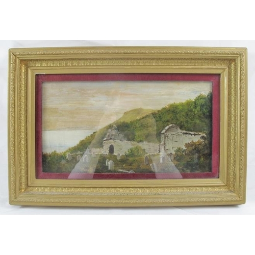 595 - British School (late 19th/early 20th century) - 'Coastal graveyard and landscape', oil, 16cm x 30cm,... 