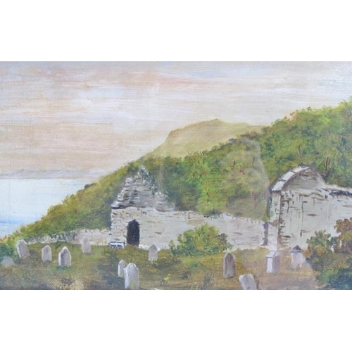 595 - British School (late 19th/early 20th century) - 'Coastal graveyard and landscape', oil, 16cm x 30cm,... 