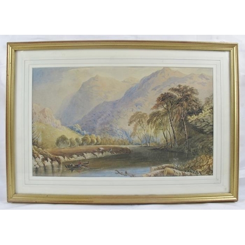 596 - British School (19th century) - 'Mountainous river landscape with fisherman in a boat', watercolour,... 