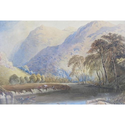 596 - British School (19th century) - 'Mountainous river landscape with fisherman in a boat', watercolour,... 