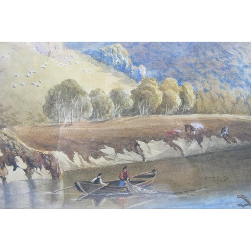 596 - British School (19th century) - 'Mountainous river landscape with fisherman in a boat', watercolour,... 