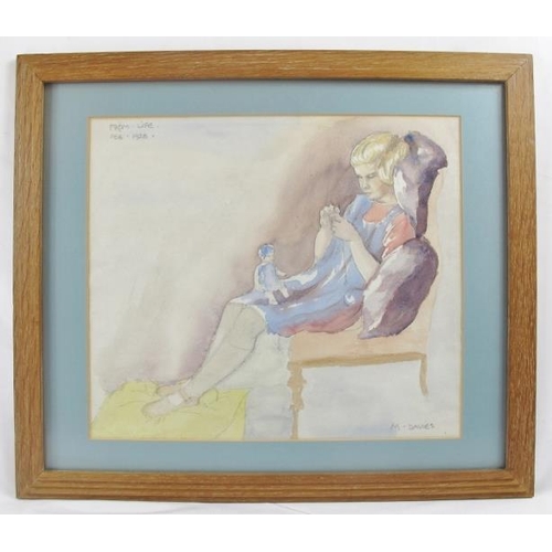 599 - Miriam Davies (Exh. 1880 - 1920) - 'Reclining female figure knitting and with a doll on her lap', wa... 