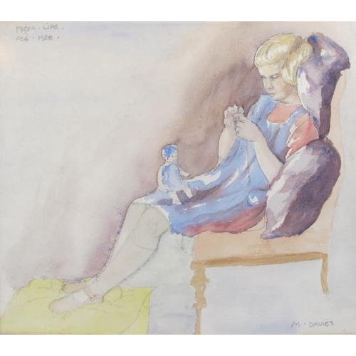 599 - Miriam Davies (Exh. 1880 - 1920) - 'Reclining female figure knitting and with a doll on her lap', wa... 