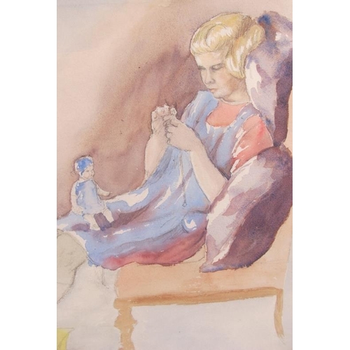 599 - Miriam Davies (Exh. 1880 - 1920) - 'Reclining female figure knitting and with a doll on her lap', wa... 