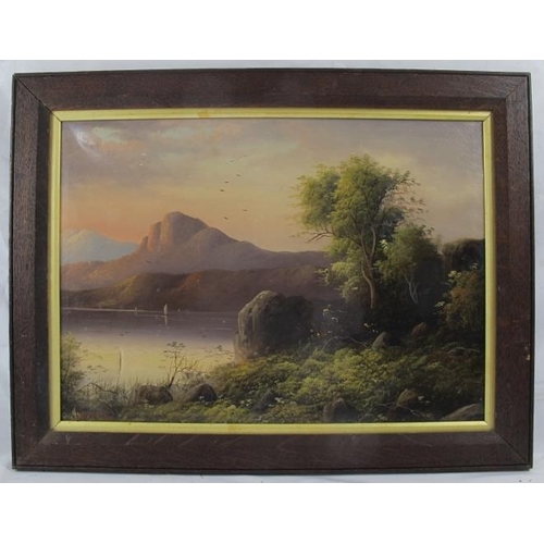 601 - British School (19th century) - 'Mountainous lake scene' (probably Scotland), oil on canvas, indisti... 