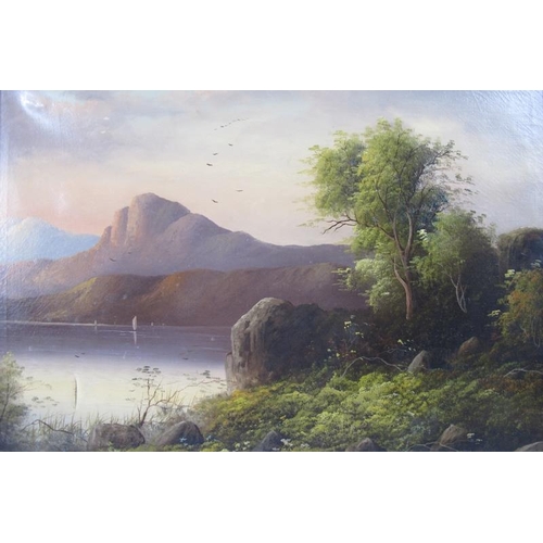 601 - British School (19th century) - 'Mountainous lake scene' (probably Scotland), oil on canvas, indisti... 