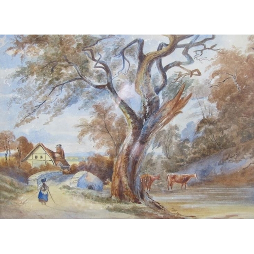 603 - British School (19th century) - 'Rustic landscape featuring a cottage, stone bridge, solitary figure... 