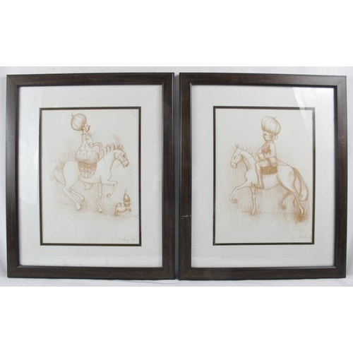 607 - C. Hardie (2006) - 'Gentrified figures on horseback', a pair, red pastel on paper, signed and dated ... 