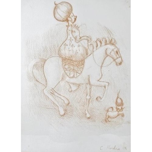 607 - C. Hardie (2006) - 'Gentrified figures on horseback', a pair, red pastel on paper, signed and dated ... 