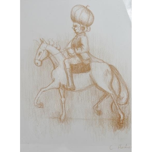 607 - C. Hardie (2006) - 'Gentrified figures on horseback', a pair, red pastel on paper, signed and dated ... 