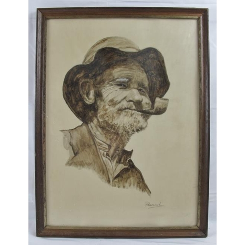 608 - Pervanah Matthews (Irish, contemporary) - 'Study of a male head smoking a pipe', sepia watercolour, ... 