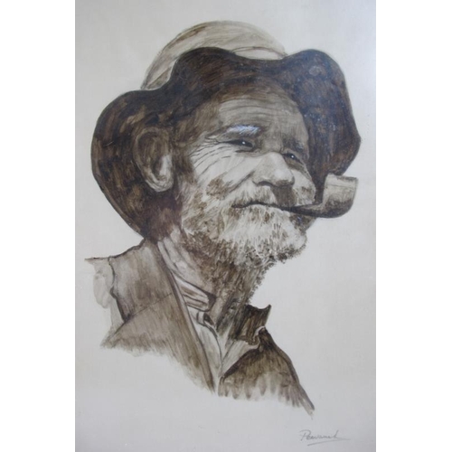 608 - Pervanah Matthews (Irish, contemporary) - 'Study of a male head smoking a pipe', sepia watercolour, ... 