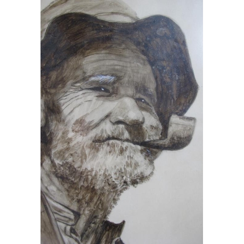 608 - Pervanah Matthews (Irish, contemporary) - 'Study of a male head smoking a pipe', sepia watercolour, ... 