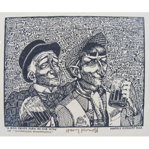 609 - Harry Kernoff RHA (Irish, 1900 - 1974) - 'A bird never flew on one wing', ink signed woodcut, 11.5cm... 