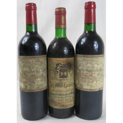 643 - Wine: Two bottles of Moulin Saint Jean St. Emilion 1998; St. Emilion Grand Cru, 1980. (3 bottles).