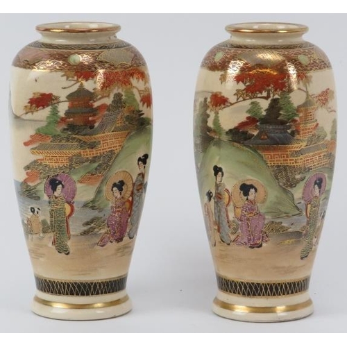 9 - A pair of Japanese Satsuma vases, probably late Meiji/Taisho period. Both decorated depicting figure... 