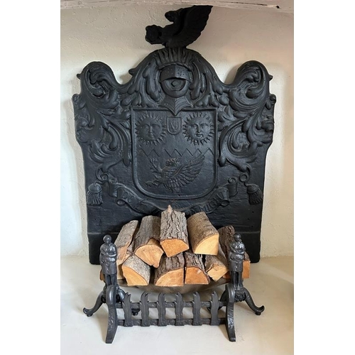 705 - A good antique cast iron fireback, decorated in relief with The Viscount Cowdray's crest, 'Do it wit... 