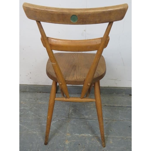 726 - Three mid-century elm and beech ‘green dot’ stacking chairs by Ercol, on canted supports with an ‘H’... 