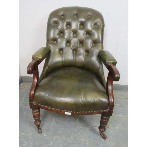 731 - A Victorian open-sided mahogany library chair, upholstered in nicely worn buttoned green leather wit... 