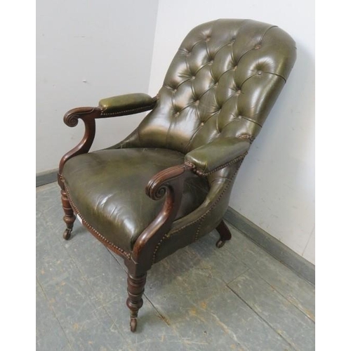 731 - A Victorian open-sided mahogany library chair, upholstered in nicely worn buttoned green leather wit... 