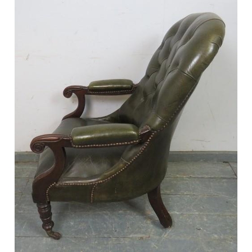 731 - A Victorian open-sided mahogany library chair, upholstered in nicely worn buttoned green leather wit... 