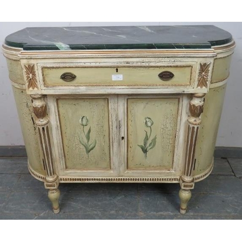 736 - A decorative contemporary chest in an 18th century French taste, the faux marble top above the singl... 