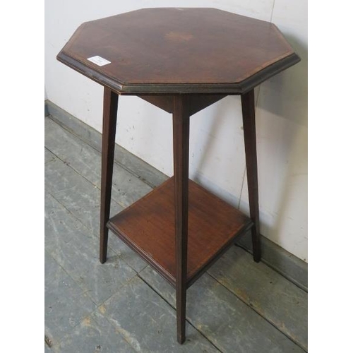 744 - An Edwardian marquetry inlaid and satinwood banded octagonal mahogany two-tier side table.
W42cm (ap... 