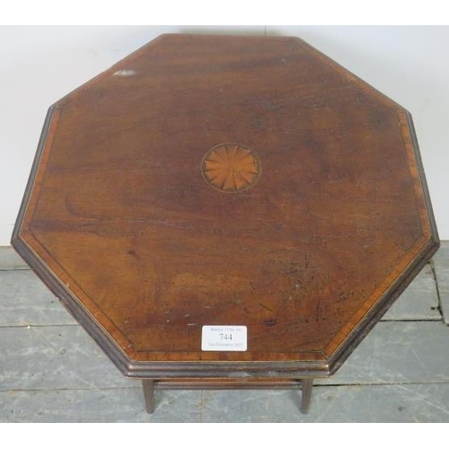 744 - An Edwardian marquetry inlaid and satinwood banded octagonal mahogany two-tier side table.
W42cm (ap... 