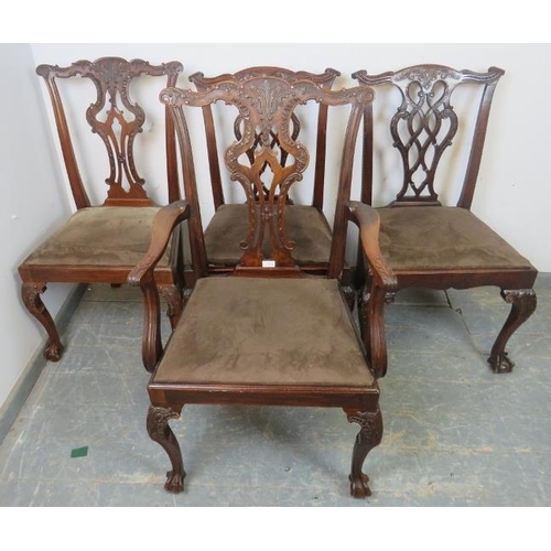 756 - A set of four vintage Chippendale Revival mahogany dining chairs, comprising one carver and three si... 