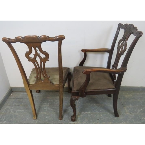 756 - A set of four vintage Chippendale Revival mahogany dining chairs, comprising one carver and three si... 