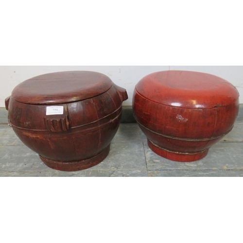 759 - Two vintage Asian lacquered wood rice boxes and covers.
H25cm Diameter 36cm (approx).