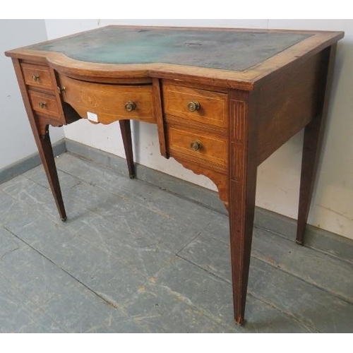 764 - An Edwardian marquetry inlaid & boxwood strung rosewood ladies writing desk, inset leather top, bowe... 