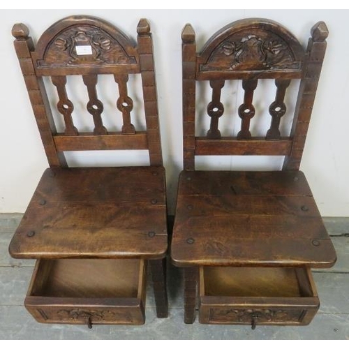 766 - A pair of 17th century style fruitwood child's chairs, 20th century. Having carved top rails and fit... 