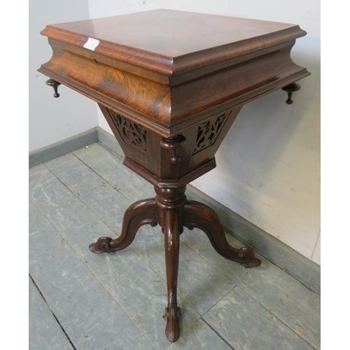 768 - A good Victorian burr walnut pedestal work/sewing table, the hinged lid enclosing a nicely fitted in... 