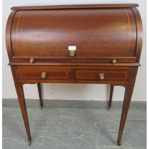 773 - An Edwardian mahogany cylinder writing desk, decorated with satinwood banding & boxwood strung, fitt... 