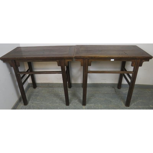 778 - A pair of Chinese fruitwood side tables, period style but later construction, some natural wear and ... 