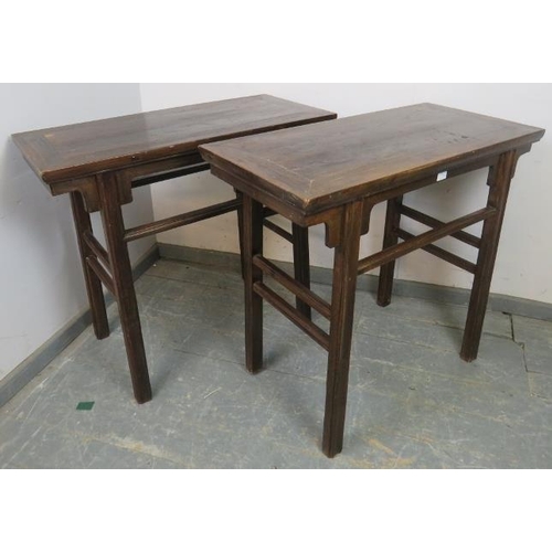 778 - A pair of Chinese fruitwood side tables, period style but later construction, some natural wear and ... 