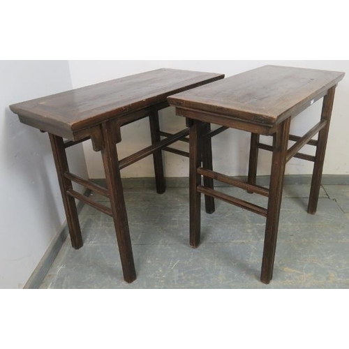 778 - A pair of Chinese fruitwood side tables, period style but later construction, some natural wear and ... 