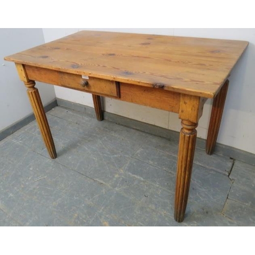 779 - An antique stripped pine kitchen table, single frieze drawer, fitted legs.
W112cm H74cm D67cm (appro... 