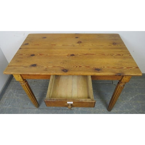 779 - An antique stripped pine kitchen table, single frieze drawer, fitted legs.
W112cm H74cm D67cm (appro... 