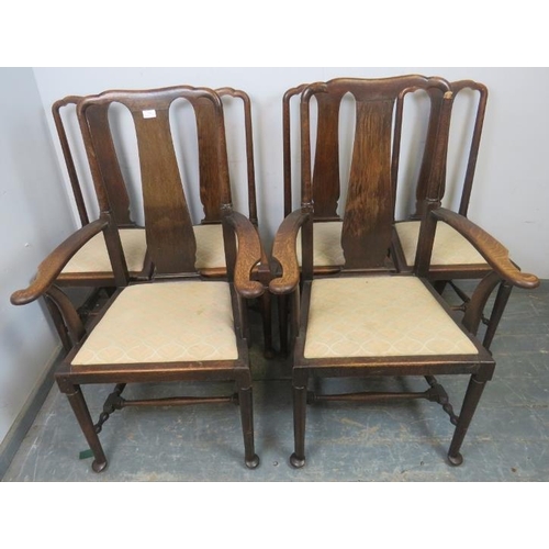 780 - A set of 6 Queen Anne style oak dining chairs, c.1900, comprising two carvers and four singles, drop... 