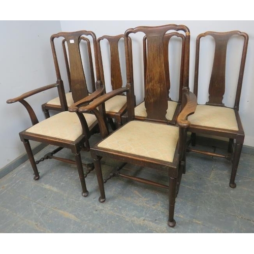 780 - A set of 6 Queen Anne style oak dining chairs, c.1900, comprising two carvers and four singles, drop... 