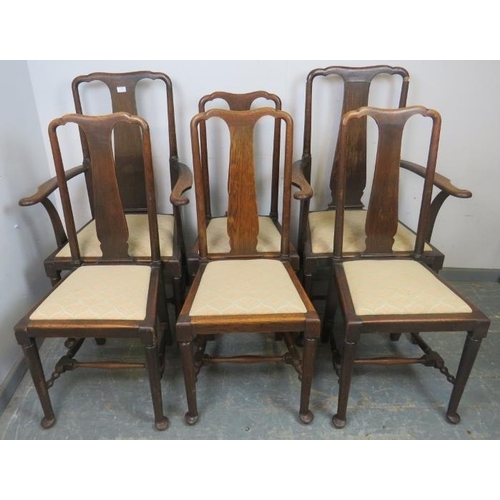 780 - A set of 6 Queen Anne style oak dining chairs, c.1900, comprising two carvers and four singles, drop... 